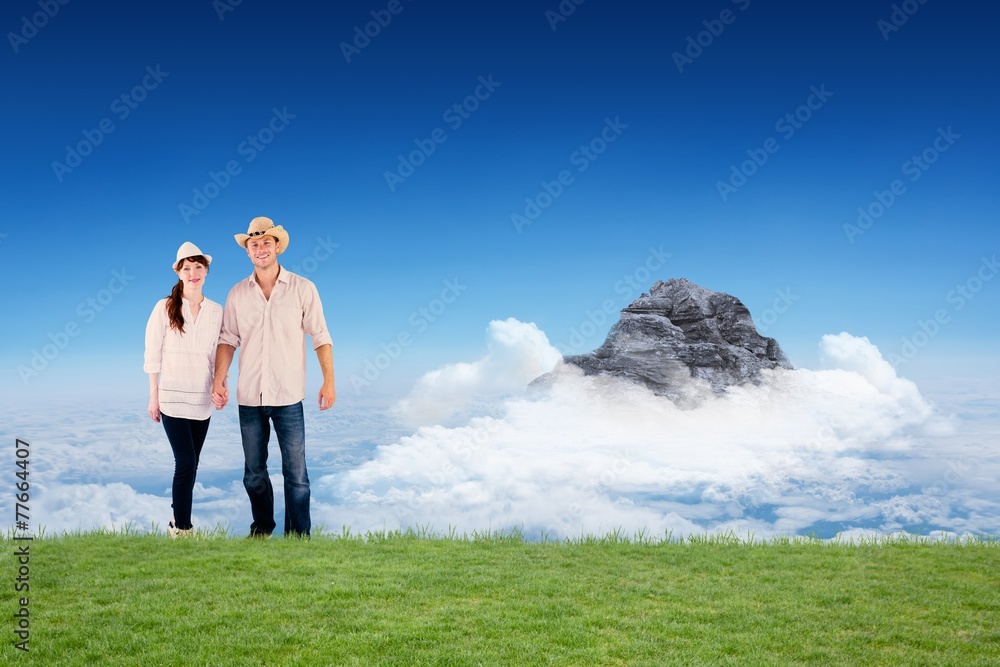 Aufkleber composite image of smiling couple both wearing hats