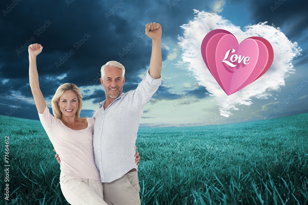 Poster Composite image of smiling couple cheering at the camera