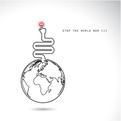 World symbol with hands press the button, stop the world war III