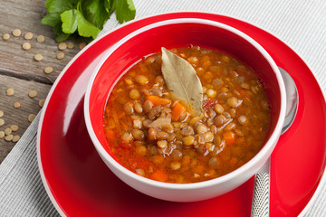 Traditional Mediterranean lentil stew in bowl.