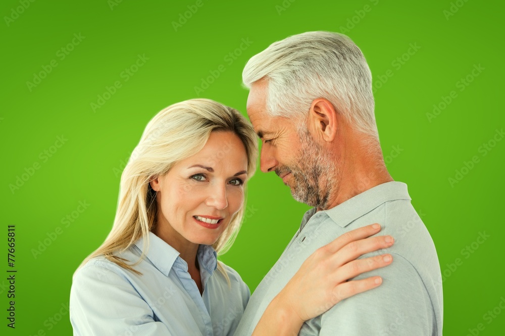 Poster composite image of happy couple standing and smiling at camera