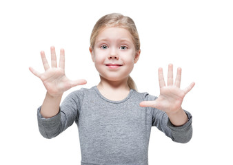 Beautiful little girl showing her hands isolated