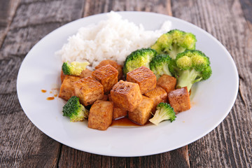 tofu,rice and broccolis