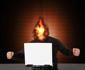 Happy successful businessman with a flaming head