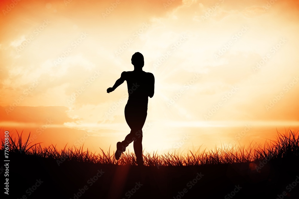 Aufkleber composite image of fit brunette running and jumping