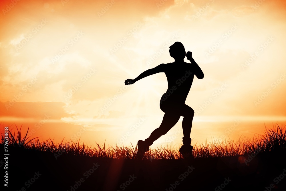 Aufkleber Composite image of fit brunette running and jumping