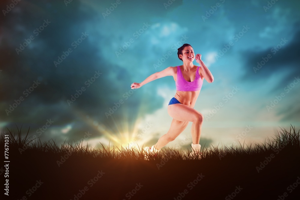 Poster composite image of fit brunette running and jumping