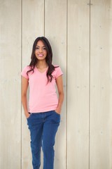 Composite image of pretty brunette stepping