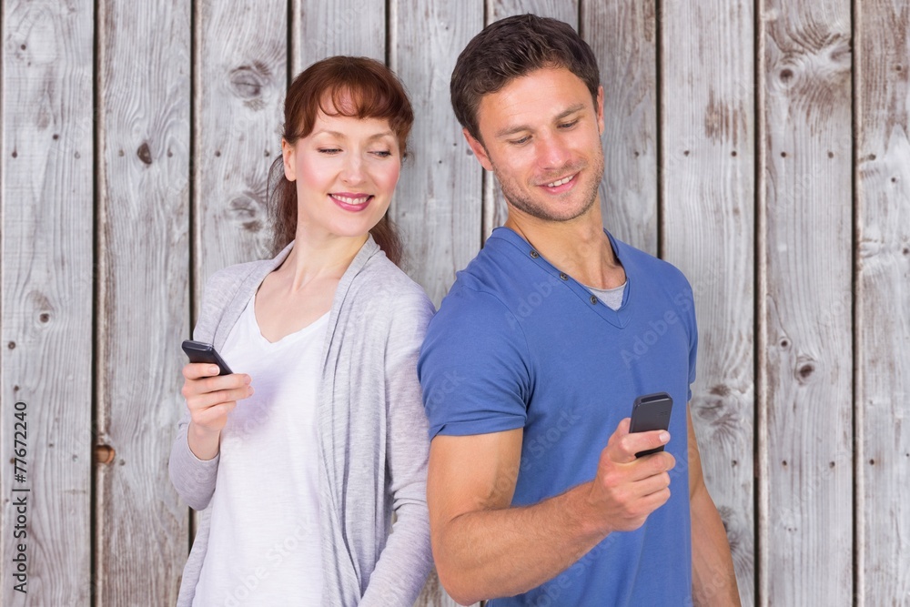 Poster composite image of couple both making phone calls