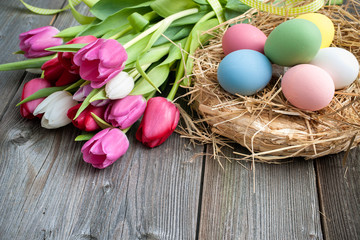 Easter eggs with tulips