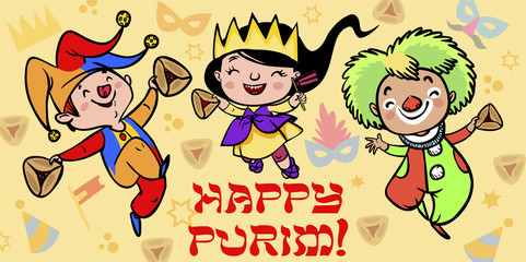 Funny Happy Purim greeting card. Vector illustration