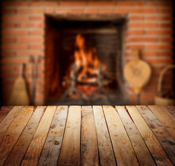 wooden table with fireplace