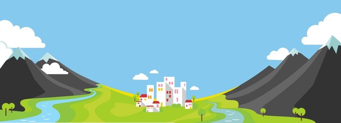 Panorama vector illustration of mountains and city in valley © eve