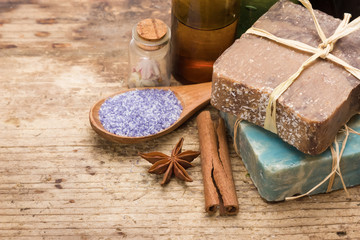 Spa items on wooden background
