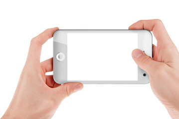 Hand holding a smart phone isolated on white