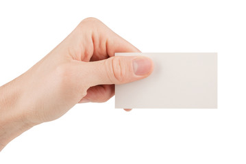 Hand holding a blank business card isolated on white