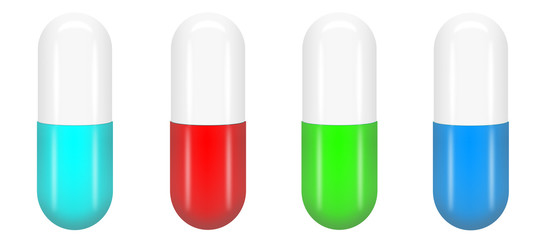 Color pills (capsules) isolated on white background