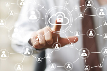 Businessman icon pushing button cloud lock