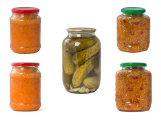 collection set of canned vegetables in glass jars isolated on wh