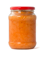 squash puree in a glass jar on a white