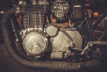 Close-up of a cafe-racer motorcycle engine