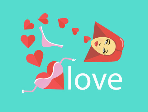 Harts, girl, string, lifchik, and love. Flat style illustration