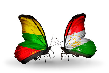 Two butterflies with flags Lithuania and Tajikistan
