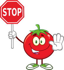 Tomato Cartoon Character Gesturing And Holding A Stop Sign