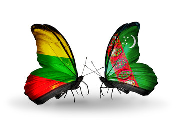 Two butterflies with flags Lithuania and Turkmenistan