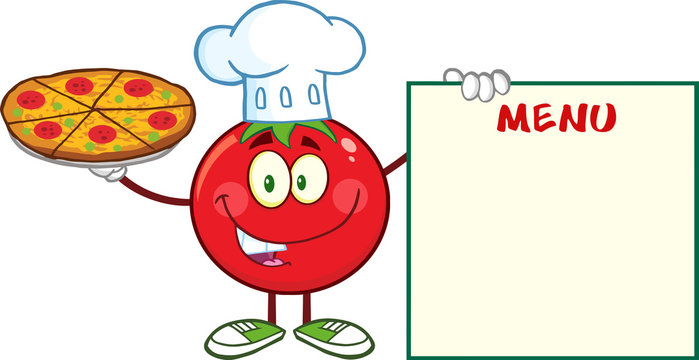 Tomato Chef Cartoon Character Holding A Pizza And Menu Board