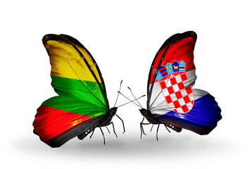 Two butterflies with flags Lithuania and Croatia