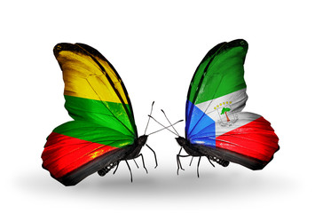 Two butterflies with flags Lithuania and Equatorial Guinea