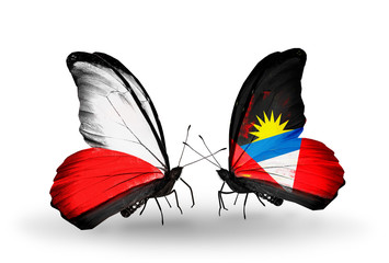 Two butterflies with flags Poland and Antigua and Barbuda