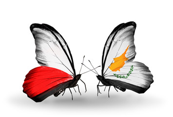 Two butterflies with flags Poland and Cyprus