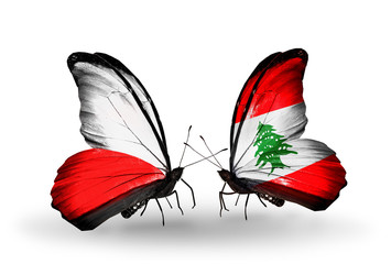 Two butterflies with flags Poland and Lebanon