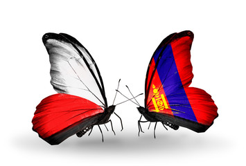 Two butterflies with flags Poland and Mongolia