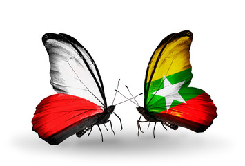 Two butterflies with flags Poland and Myanmar