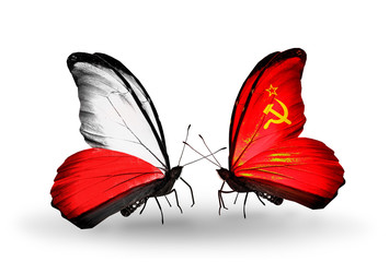 Two butterflies with flags Poland and Soviet Union