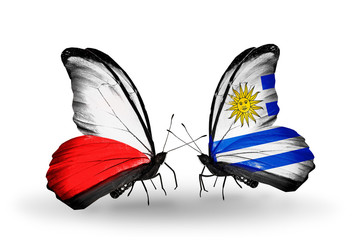 Two butterflies with flags Poland and Uruguay