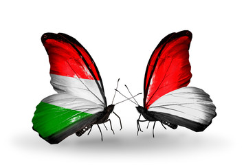 Two butterflies with flags Hungary and Monaco, Indonesia