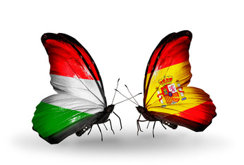 Two butterflies with flags Hungary and Spain