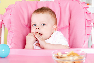 Cute baby eating biscuit