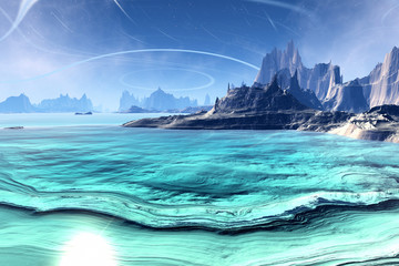 Obraz na płótnie Canvas 3D rendered fantasy alien planet. Rocks and lake