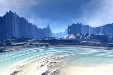 3D rendered fantasy alien planet. Rocks and lake