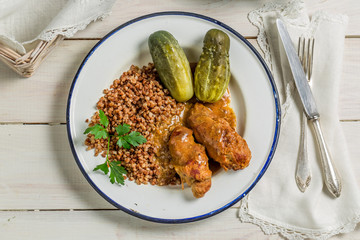 Scions of beef with buckwheat and pickled cucumber