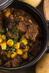 Tasty winter traditional hot pot stew with meat and vegetables