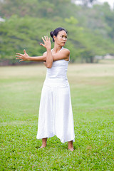 Beautiful woman practicing yoga in the park