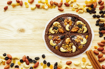 Dessert chocolate pizza with raisins and nuts