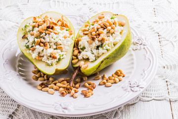 Breakfast of pears with cheese