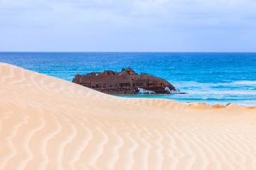 Wreck boat on the coast of boa vista in Cape Verde
